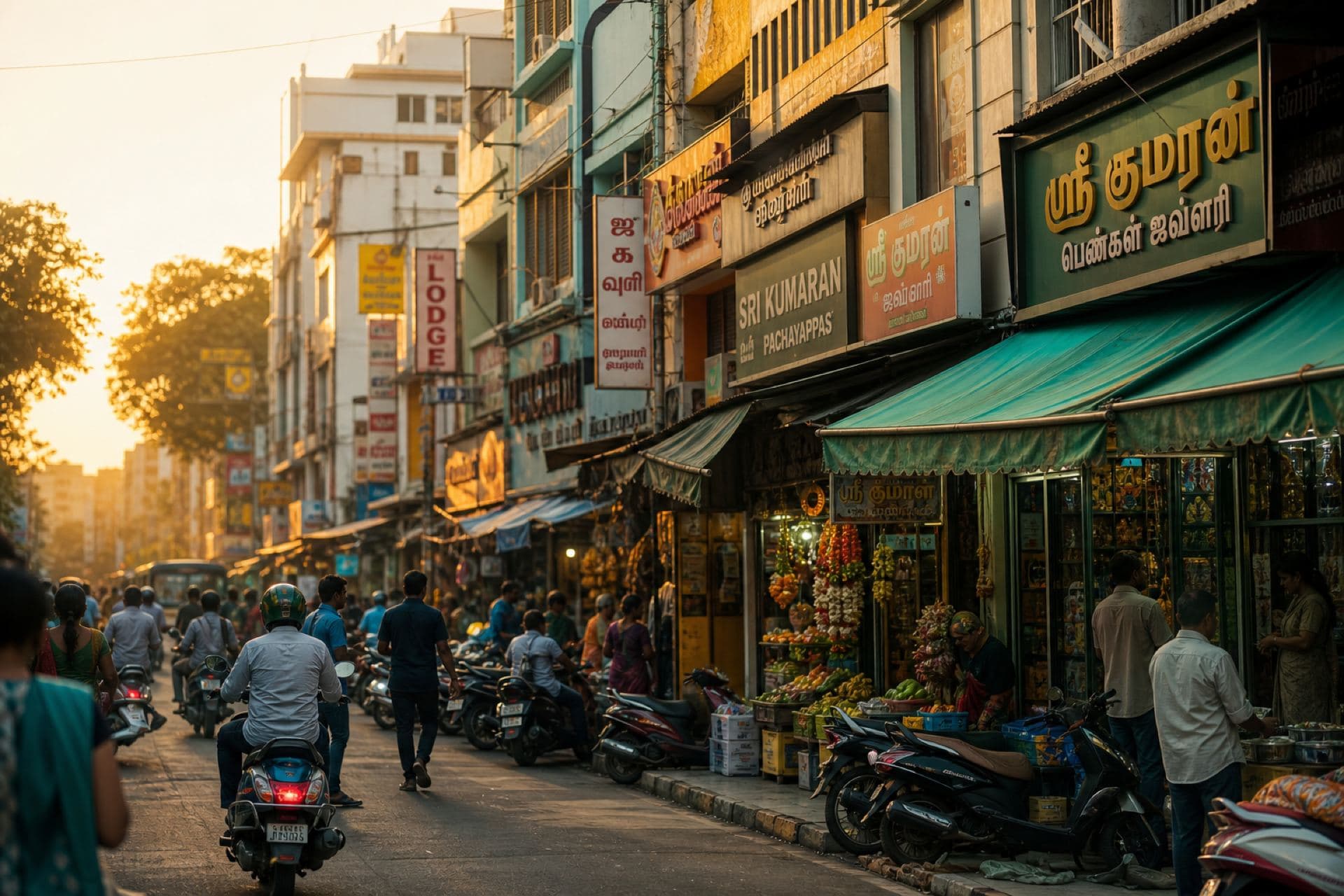 Busy Chennai commercial street at golden hour